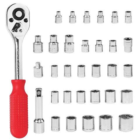 Ratchet and sockets from 128 Piece General Home Tool Set With Plastic Toolbox Case For DIY Handy Pros And Everyday Menders, Auto Repair Ready