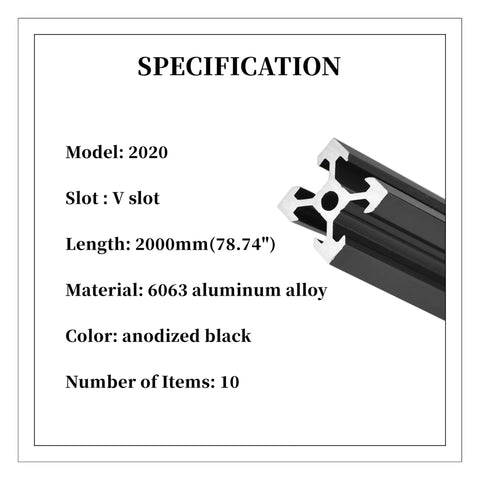 Beefy 10 Pack 2000mm 2020 V Slot Aluminum Extrusion Profiles Anodized Black European Standard specifications