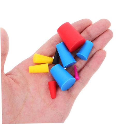 Top Tier Assorted High Temp Silicone Rubber Tapered Plug Kit With 8 Sizes For Caulking Tubes Sealing Caps Plus Flasks Test Tubes Tanks And Bottles That Stand Up To Serious Heat And Work Like A Champ, assorted silicone plugs in hand