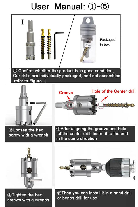 User manual for 8 Piece Beefy TCT Hole Saw Kit For Hard Metal with assembly and installation steps.