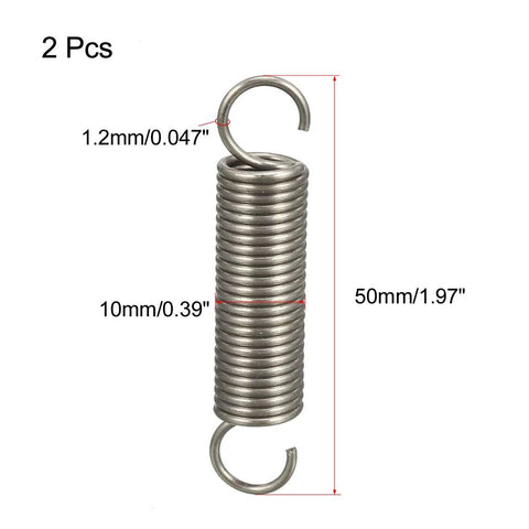 Front view of uxcell stainless steel dual-hook tension spring, 0.047 in wire, 50 mm length, 2 pcs