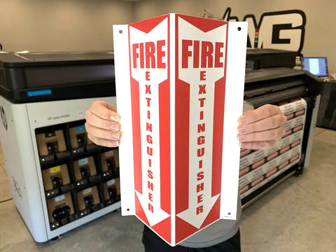 3D Fire Extinguisher Sign With 12 By 4 By 4 Inch Projection, Wall Mount, Pre Drilled For Easy Install, PVC Safety Sign held up