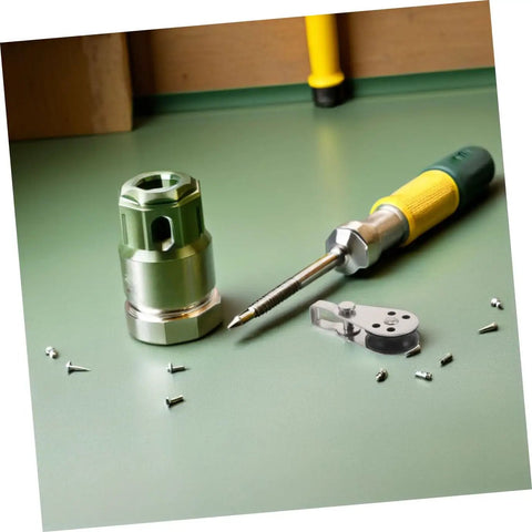 Workbench with tools and components, including a screwdriver and 4pc Stainless Steel Pulley Blocks For Kayak And Boat Anchor