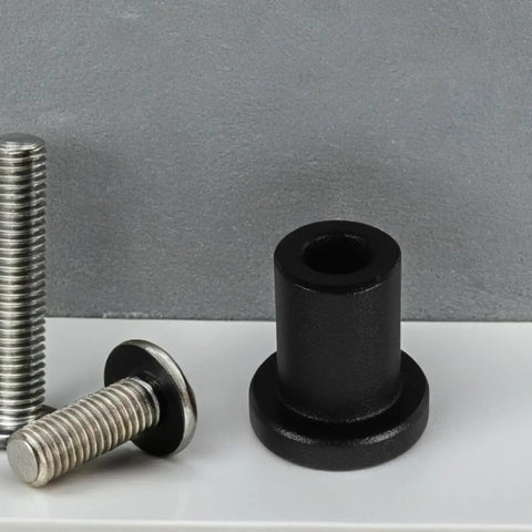 Close-up of Three Piece Barn Door Track Spacers Kit in carbon steel with sliding hardware, showcasing black track sleeve design.