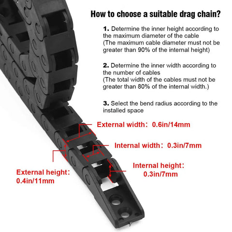 R18 7mm X 7mm Inner Size Black Plastic Cable Drag Chain Bridge Type diagram with dimensions for CNC machines and automated equipment