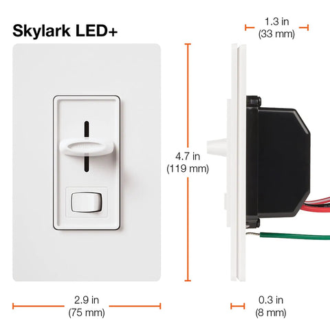 Flicker Free LED Dimmer Switch For Dimmable LED Halogen And Incandescent Bulbs 150W Single Pole Or 3 Way White SCL 153P WH dimensions.