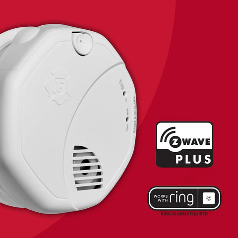 Battery Powered ZWave Smoke And Carbon Monoxide Alarm That Works With Ring Alarm Base Station, device on red background