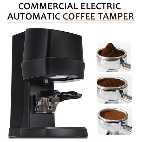 Auto Filling Electric Coffee Tamper 58 Mm Espresso Press Tool With Adjustable 10 To 30 Kg Pressure in black design.