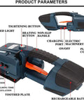Heavy Duty Battery Powered Electric Strapping Machine For 13 To 16Mm Pp Pet Melting Tape, showing features like non-slip handle and LED light.