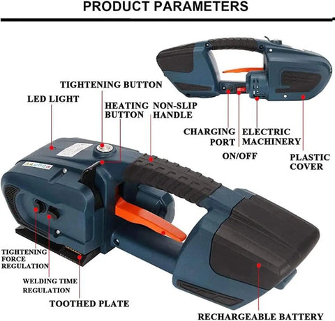 Heavy Duty Battery Powered Electric Strapping Machine For 13 To 16Mm Pp Pet Melting Tape, showing features like non-slip handle and LED light.