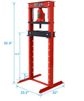 Top Notch Heavy Duty 12 Ton Hydraulic Shop Press With Solid H Frame Steel Build And Corrosion Proof Red Coating, 52.4 inches tall.