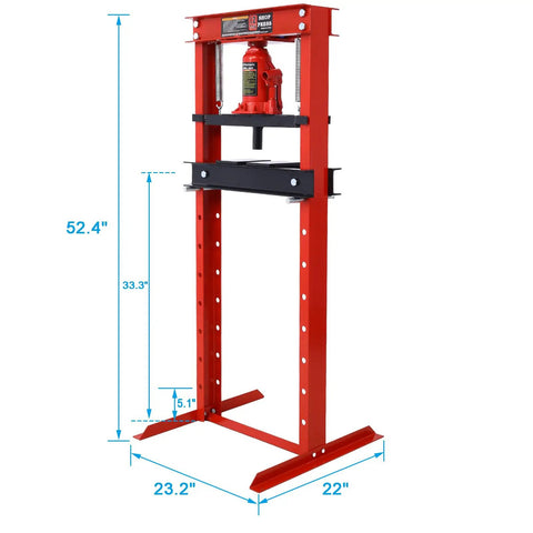 Heavy Duty 12 Ton Hydraulic Shop Press With Adjustable Work Table For Bearing Installation Metal Straightening Garage Tool, 52.4 inches tall, red frame.