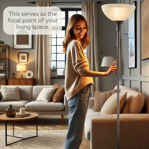 Bronze 72 Inch Torchiere Floor Lamp With Glass Shade in living room, showing frosted white dome shade and modern design