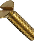 Heavy Duty Brass Flat Head Machine Screws With Slotted Drive 1 4 20 Thread X 1 1 4 Inch Length For Rock Solid Electrical Wiring And Plumbing Projects 25 Pack close-up of screw head and threads
