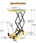 Front view of KAFLLA hydraulic lift table cart with foldable handle, yellow base, black frame, four wheels.
