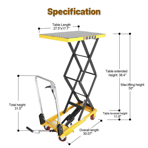 Front view of KAFLLA hydraulic lift table cart with foldable handle, yellow base, black frame, four wheels.