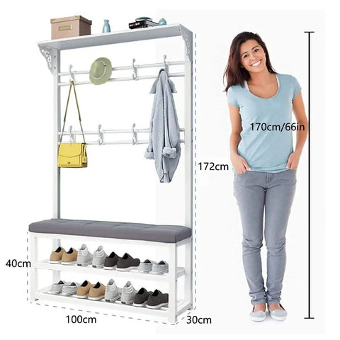 Industrial Coat Rack Shoe Bench With 8 Hooks Freestanding Garment Hanger And Shelf Hall Tree with size comparison