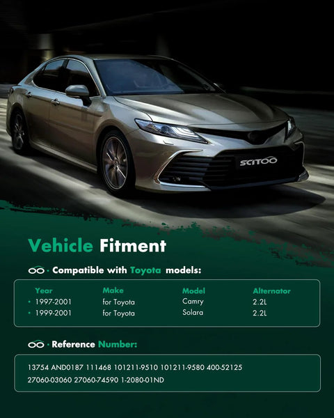 Toyota Camry in motion, compatible models 1997-2001 Camry, 1999-2001 Solara, fitment details listed below vehicle image