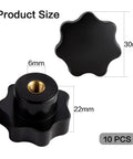 Front and side views of black plastic M6 star knob with brass insert; 30mm diameter, 22mm tall, 10 pcs.