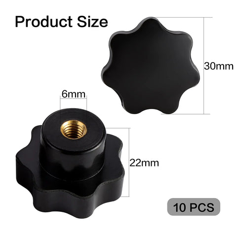 Front and side views of black plastic M6 star knob with brass insert; 30mm diameter, 22mm tall, 10 pcs.
