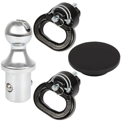 Heavy Duty Trailer Gooseneck Ball With Integrated Safety Chain Kit For Dodge Ram 2500 And 3500 Puck System Towing Setup, chrome ball, black chain anchors.