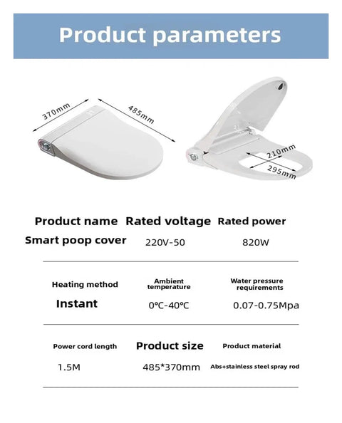 Straight Up Game Changing Auto Flip Smart Toilet Seat With Constant Temp Heating Cushion Integrated Dual Spray Bidet And Universal U Shape Fit, product parameters infographic.