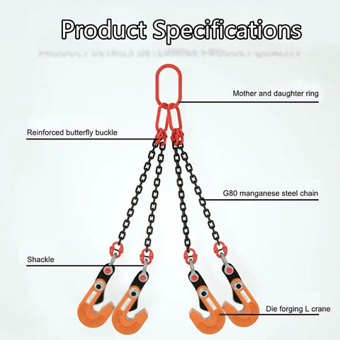 Heavy Duty Horizontal Plate Lifting Clamp With 3527 Lbs Capacity And Four Manganese Steel Chains with reinforced butterfly buckle and hooks.