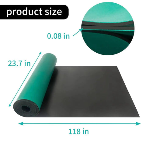 Pro Grade Rubber ESD Soldering Mat Roll 23.7 Inch By 118 Inch Anti Static Grounding Desk Mat showing thickness and size details.