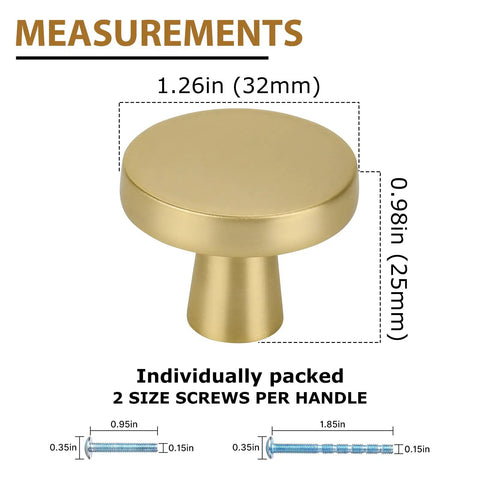 Diagram showing Brushed Brass Round Gold Drawer Knobs 6 Pack For Cabinets And Dressers Hardware dimensions in inches