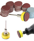 All In One Pro Grade 100 Piece 1 Inch Sanding Discs Kit With One Eighth Inch Shank For Dremel Rotary Tool Includes 100 180 240 1500 3000 Grit Papers Aluminum Oxide Polishing Pads For Quick Finishing Jobs, showing sanding discs and shank attachment.