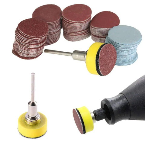 All In One Pro Grade 100 Piece 1 Inch Sanding Discs Kit With One Eighth Inch Shank For Dremel Rotary Tool Includes 100 180 240 1500 3000 Grit Papers Aluminum Oxide Polishing Pads For Quick Finishing Jobs, showing sanding discs and shank attachment.