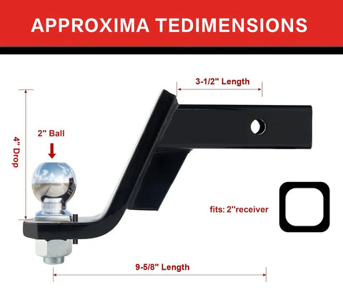 Diagram of Trailer Hitch Ball Mount Kit With Four Inch Drop For Two Inch Receivers showing dimensions and 2-inch ball.