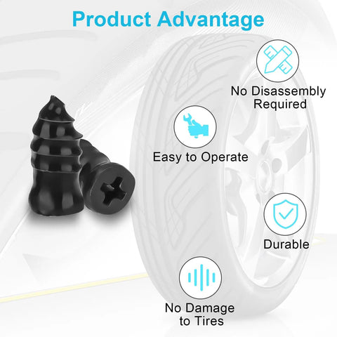 Close-up of vacuum repair screws and rubber nails with car tire showing product advantages like no disassembly and durability.