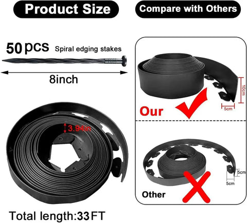 Extra Tall 4 Inch Lawn Edging Kit, 33 Ft Flexible Garden Border With 50 Stakes, Durable Plastic Fence Edge comparison