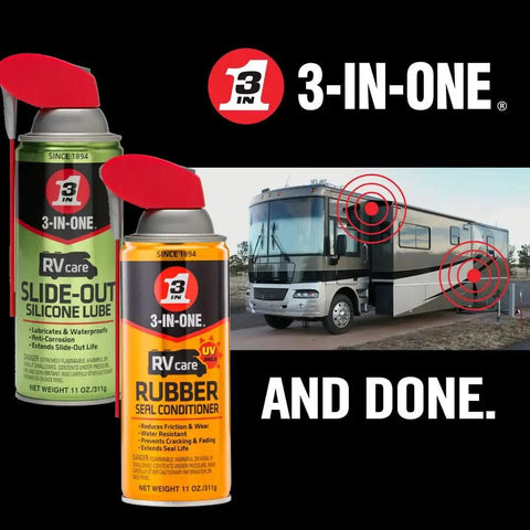 All In One RV Care 4 Pack Slide Out Silicone Lube Window And Track Dry Lube Rubber Seal Conditioner And Trailer Hitch Gel Lube For Smoother Slides Sealed Doors And Hitch Protection On The Road, 2 spray cans