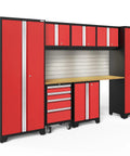Red 8 Piece Garage Storage Cabinet Set With LED Lighting, slatwall backsplash, bamboo worktop, tool drawers, and lockers shown.