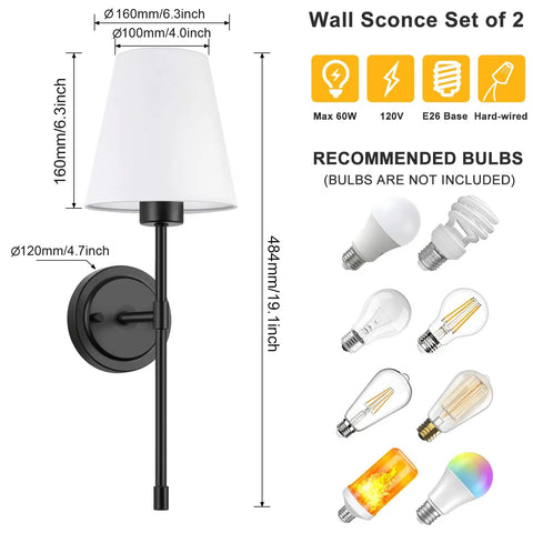 Dimensions and bulb options of Set Of 2 Retro Industrial Hardwired Wall Sconces With White Fabric Shades Slim Wall Mounted Vanity Lights