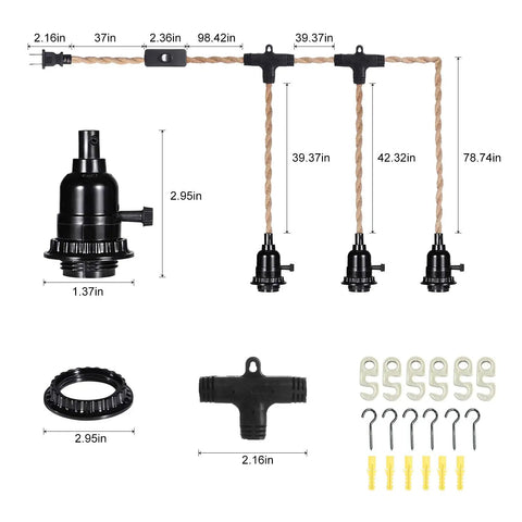 Plug In Hanging Pendant Light Kit With 20 Ft Cord 3 Bulbs E26 Socket Switch, components and dimensions visible