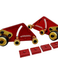 Adjustable Roller Featherboard For Table Saw Feeder With Polyurethane Grippy Wheels And Smooth Guide Rail Heavy Duty Woodworking Jig detail with red aluminum and gold knobs.