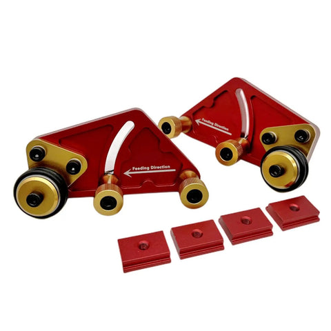 Adjustable Roller Featherboard For Table Saw Feeder With Polyurethane Grippy Wheels And Smooth Guide Rail Heavy Duty Woodworking Jig detail with red aluminum and gold knobs.
