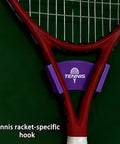 Racket Wall Mount Organizer For Tennis Badminton Ping Pong displaying red tennis racket on purple hook against green background.