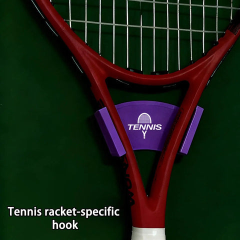 Racket Wall Mount Organizer For Tennis Badminton Ping Pong displaying red tennis racket on purple hook against green background.