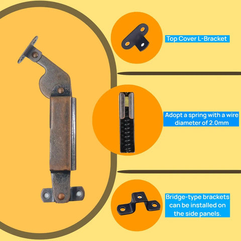 Top Tier Self Balancing Lid Support Hinges Smooth Anti Slam Spring Loaders Dark Bronze cabinet hinge with L-bracket details.
