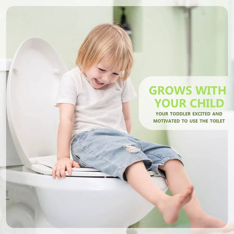 Child sitting on elongated toilet seat with built-in toddler seat slow close fits adult and child potty training ready magnetic kids seat
