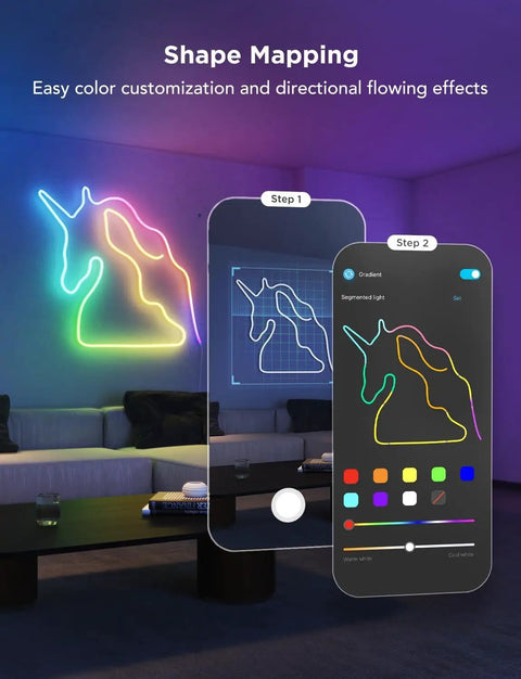 RGBIC Neon Rope Lights 32.8Ft With 64 Presets in unicorn shape, vibrant colors in living room with app control interface on phone screen.