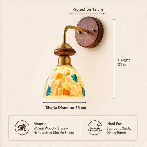 BZXNC Indoor Wall Sconce Lamp, Vintage 12.20" Copper, Compact Structure with handcrafted mosaic shade and wooden base.