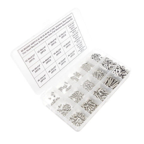 Stainless Steel 304 Phillips Pan Head Screws Set With Hex Nuts And Flat Washers, Coarse Thread, Sizes 2 56, 4 40, 6 32 UNC, 600 Pieces