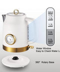 Retro Electric Tea Kettle 1.7L With Temperature Gauge 1500W Fast Boil 304 Stainless Steel BPA Free Auto Shut Off Boil Dry Protection Matte White Gold view with water window and base