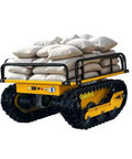 Remote Control Roller Dolly For Heavy Equipment Workhorse Style Battery Powered Load Moving Skate With Wireless Controller And 360 Degree Turntable For Quick Easy Industrial Warehouse Transport, yellow tracked dolly loaded with sacks