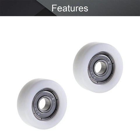 Mromax White Nylon Roller Idler Bearing Pulley 8X32X12mm Sliding Conveyor Wheel With Smooth 608Z Bearings For Furniture Hardware And Mobile Door Tracks Four Pc Kit Durable And Quiet close-up view of two nylon roller pulleys with metal ring bearings.